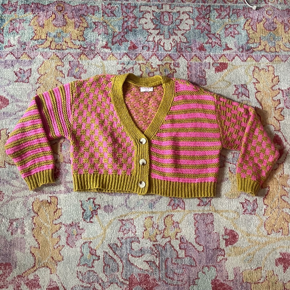 Buttermelon Green and Pink Cropped Cardigan Size S